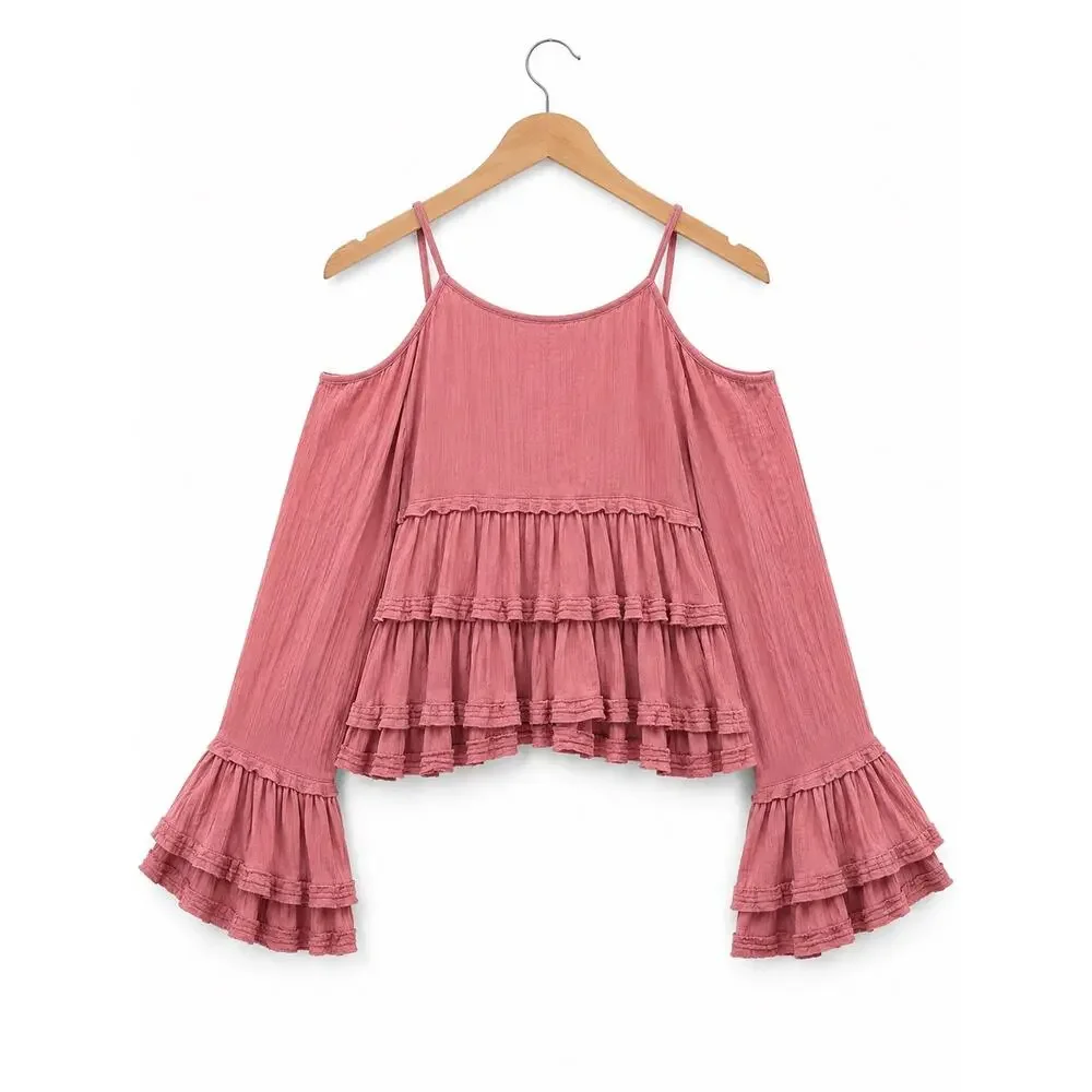 Free People Pink Embroidered Cold Shoulder Ruffle Peasant Top Boho Romantic S